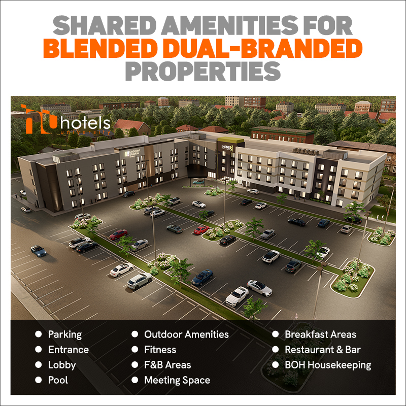 Site plan showing shared amenities and parking layout for a blended dual-branded hotel property.