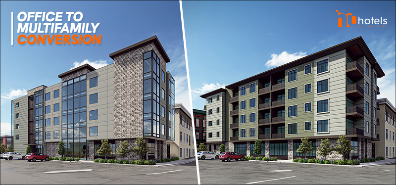 Modern office buildings converted into multifamily housing in an urban setting